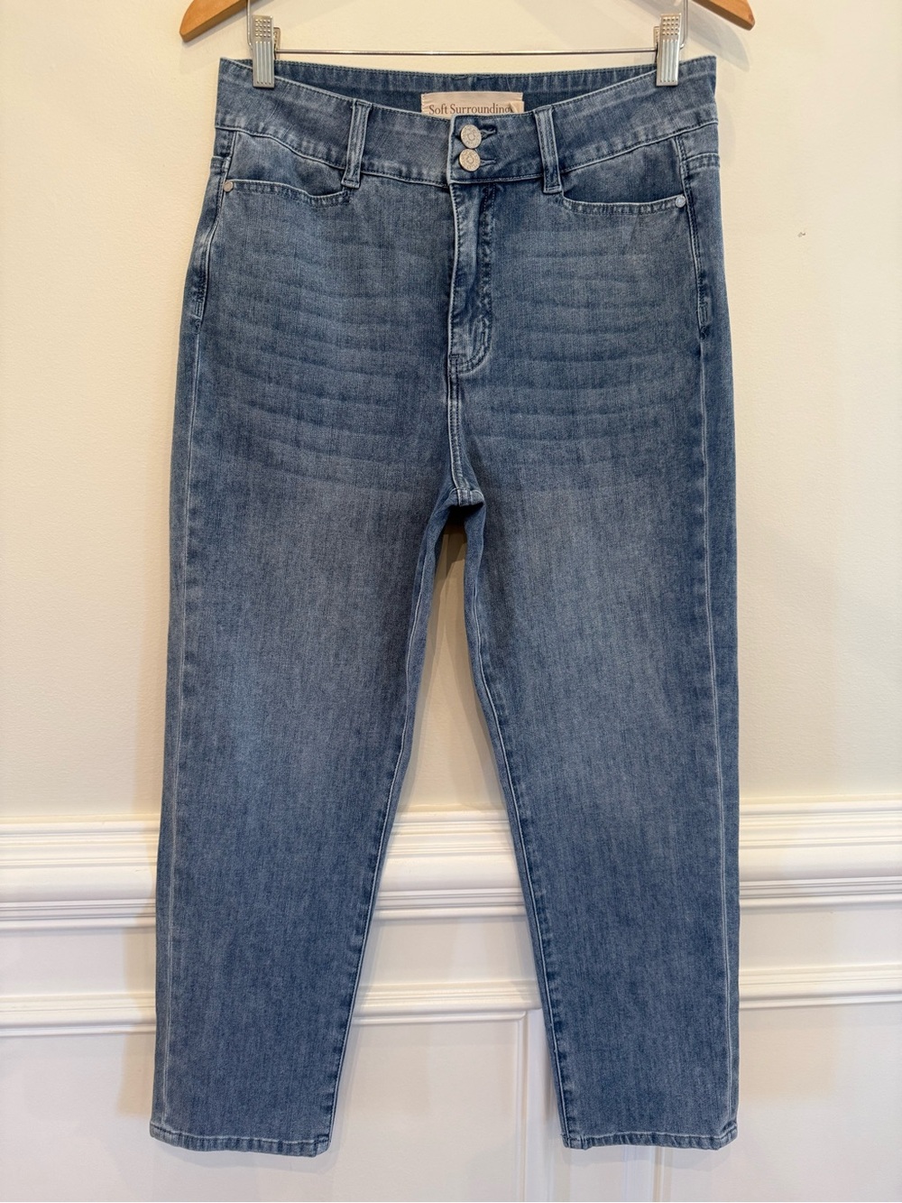Soft Surroundings Medium Blue Wash  Straight Leg Cropped Jeans Double Button 10